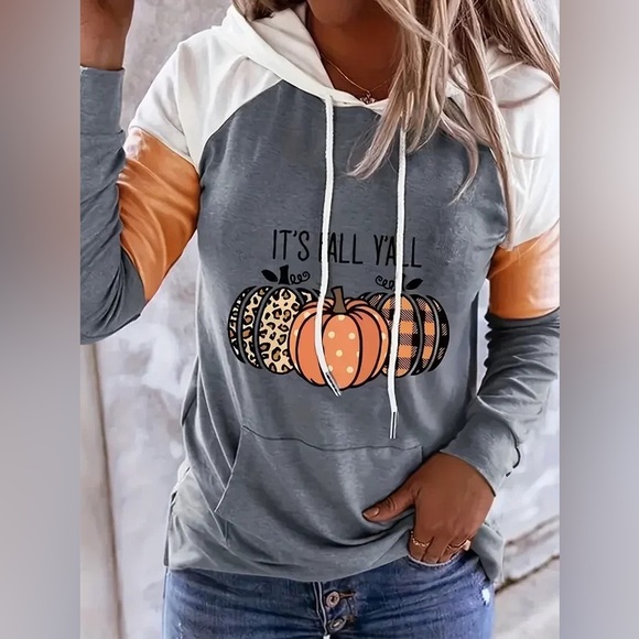 It's Fall Y'all Leopard Plaid Pumpkins Lightweight Hoodie size large - Picture 2 of 2